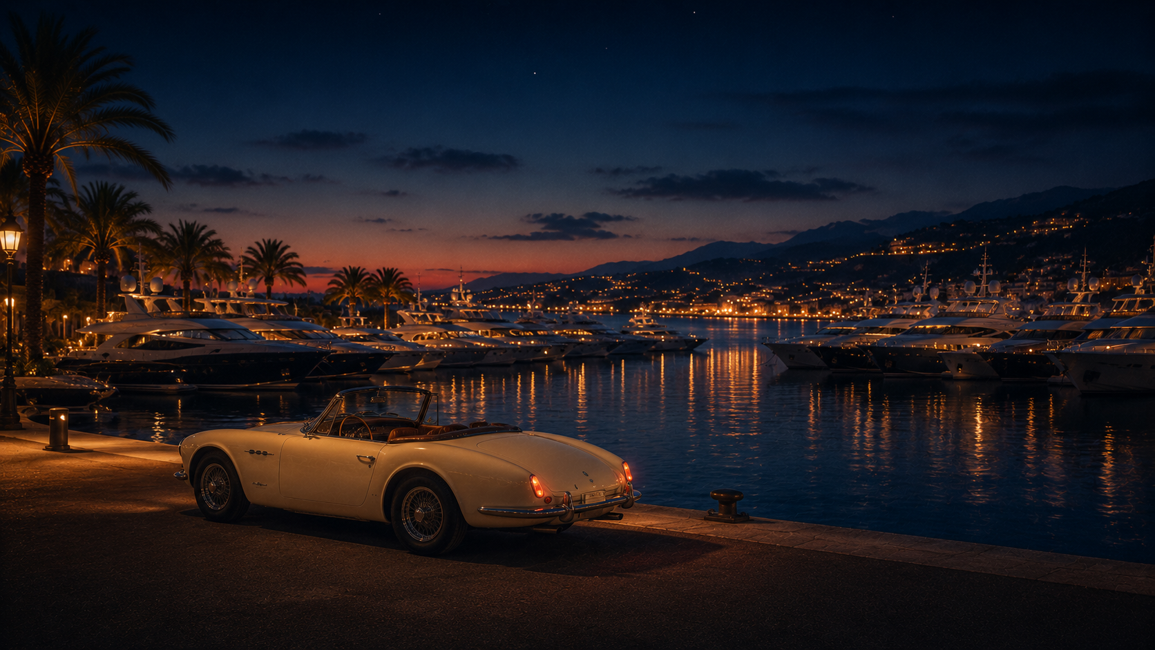 A moonlit Mediterranean harbor at night, yacht masts reflected in still dark water, the vintage car parked at the quayside