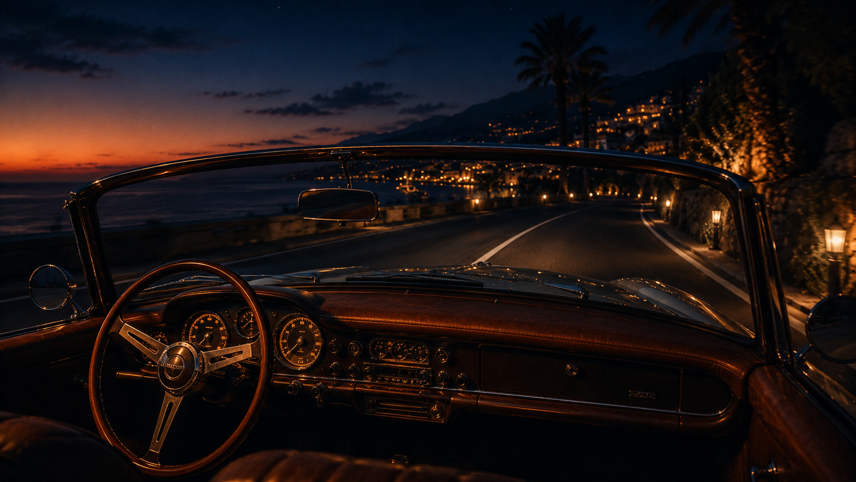 Driver's POV from inside a vintage convertible at blue hour, steering wheel and dashboard in foreground, the Mediterranean coastal road stretching ahead