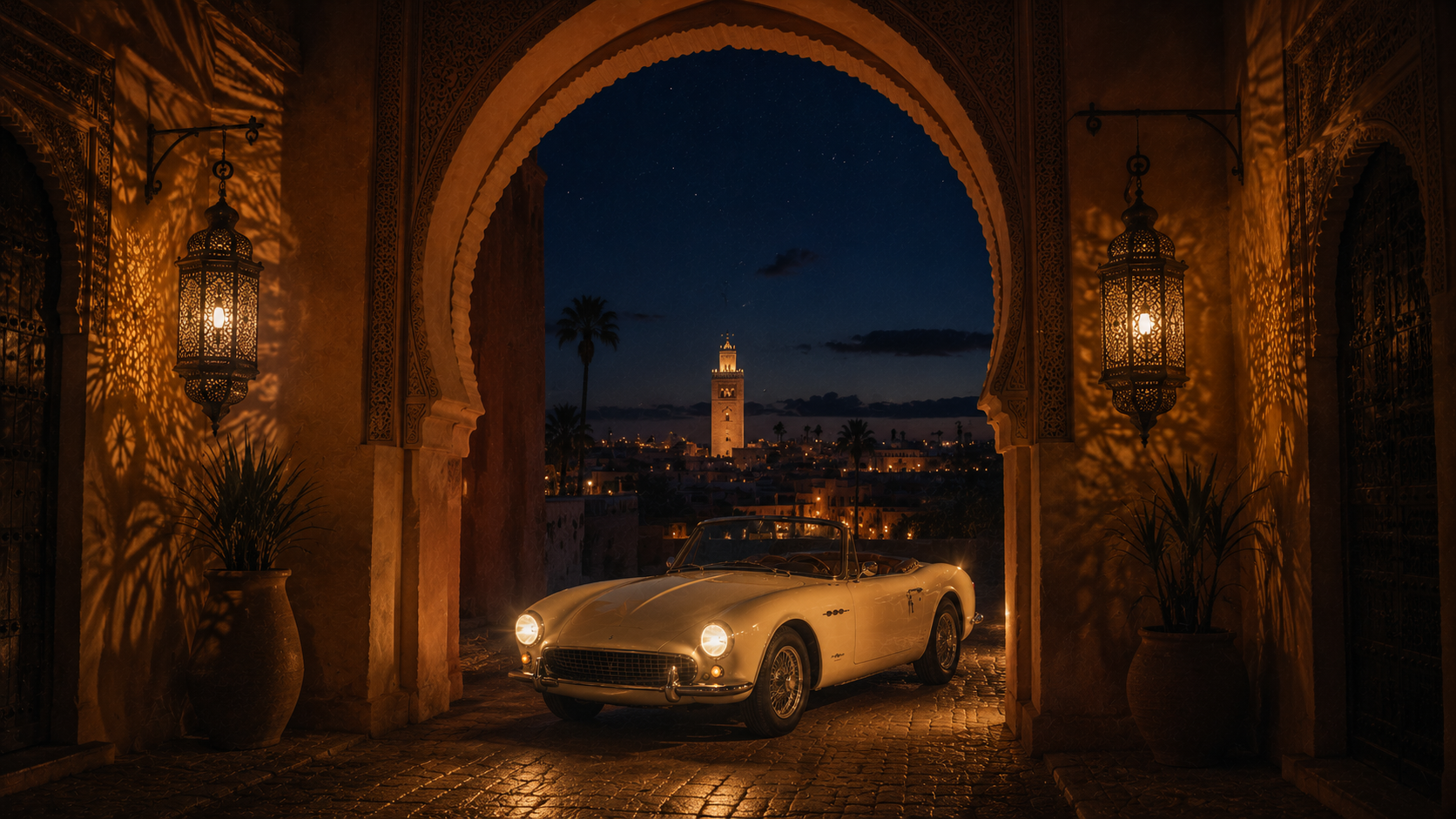 The vintage convertible framed by a Moroccan stone archway at blue hour, lantern light spilling through the gateway