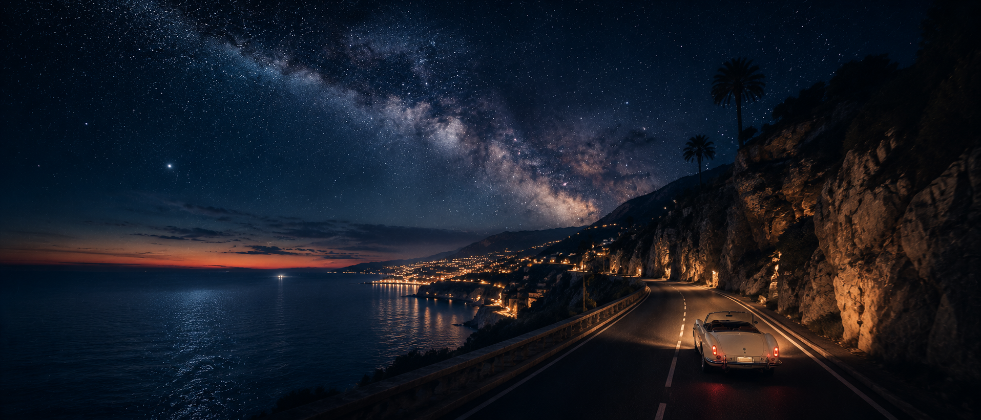 A coastal road at night under a blazing milky way, the dark Mediterranean sea far below, a tiny cream car on the road