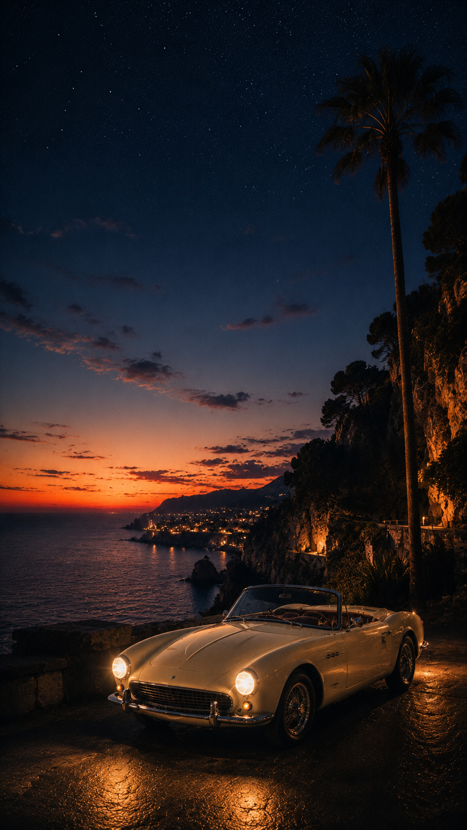 A cream vintage convertible parked on a Mediterranean terrace at deep amber sunset, palm silhouette against a burning sky