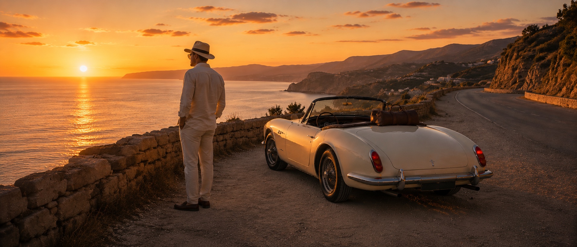 A vintage cream convertible on an open coastal Mediterranean road — Refika and the endless horizon ahead