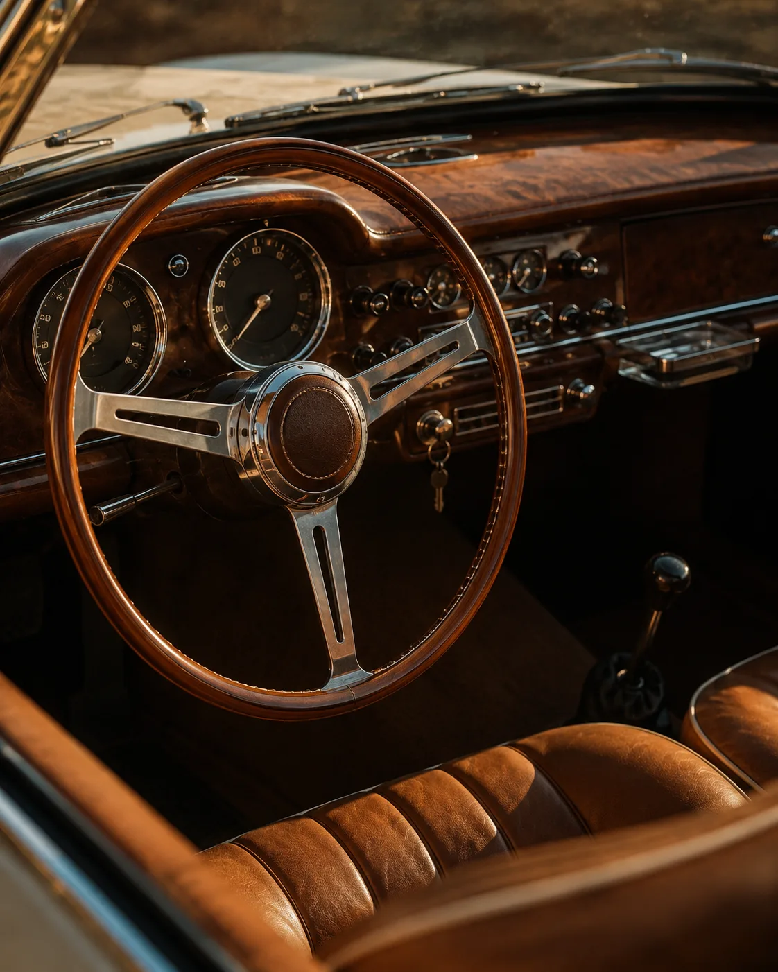 Refika's interior — walnut dashboard, wooden steering wheel, tan leather softened by years of road