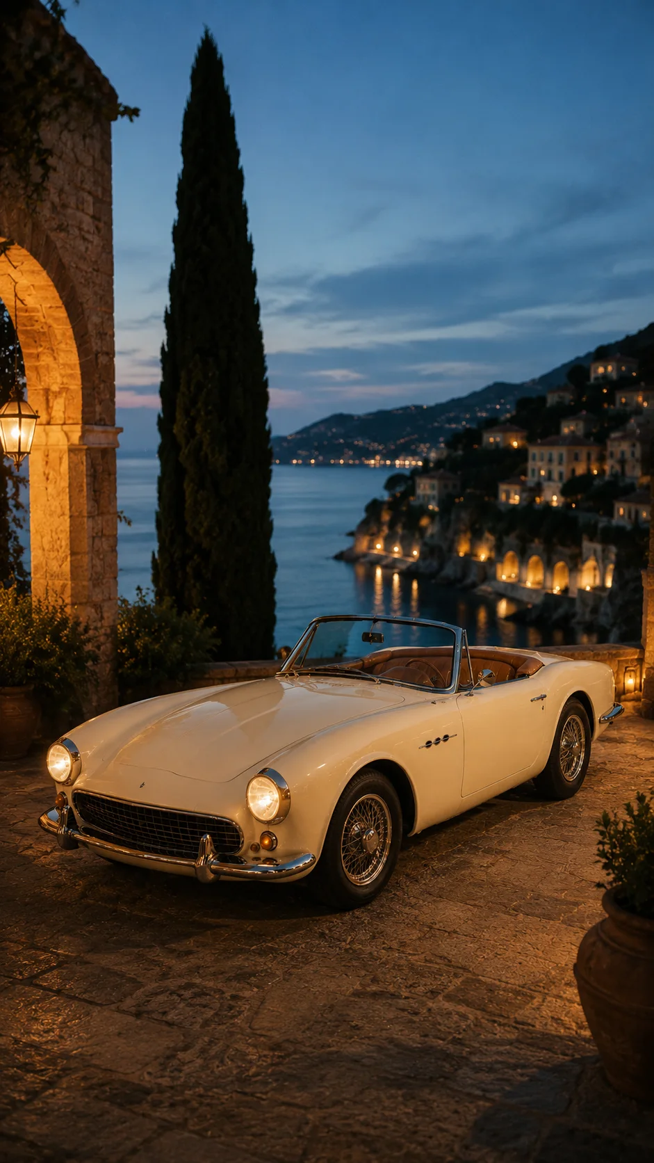 Refika at a Mediterranean terrace at blue hour — front three-quarter view